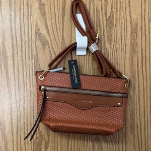 London Fog Woven Leather Crossbody in Cognac Brown